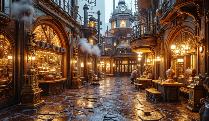 A luxurious steampunk garden filled with glowing gold and silver tones. Intricate brass statues and ornate gas lamps decorate the garden, surrounded by swirling steam effects. Victorian-style buildings can be seen in the distance, while glowing neon lights...