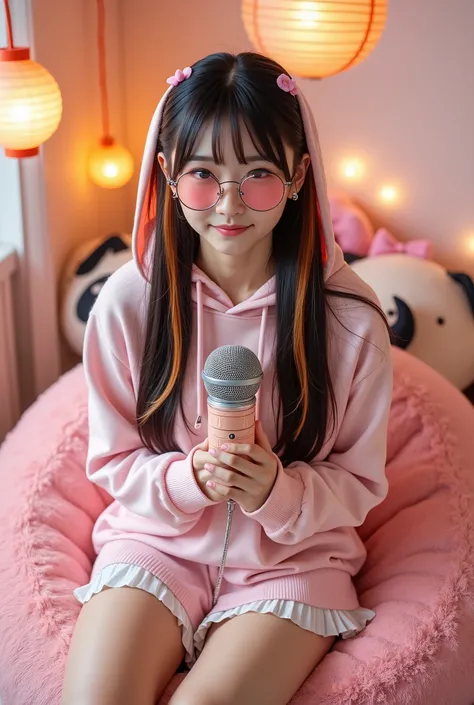 A stunning ultra-realistic 8K photograph of an 18-year-old Japanese high school girl with long black hair with orange ombre tips, a soft pink ribbon, and a playful smirk. She wears round, oversized pink-tinted sunglasses, a pastel pink oversized hoodie fea...