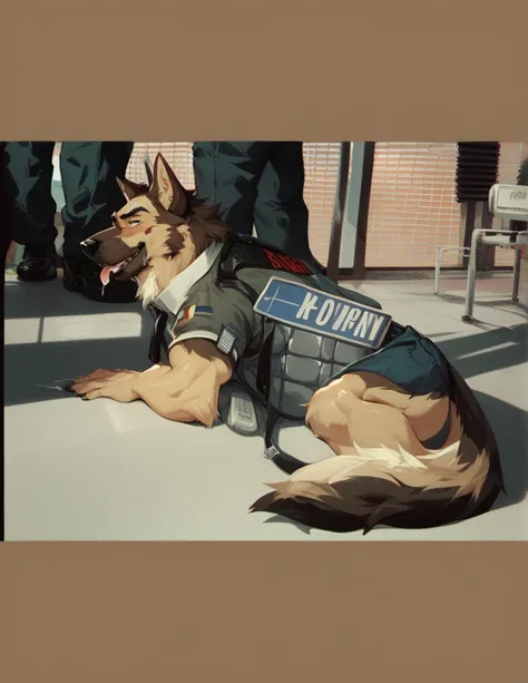 score_9, score_8_up, score_7_up, score_6_up, adult, very long haired, German shepherd, bulletproof vest, anthropomorphic, furry, airport, drooling saliva, tongue out 