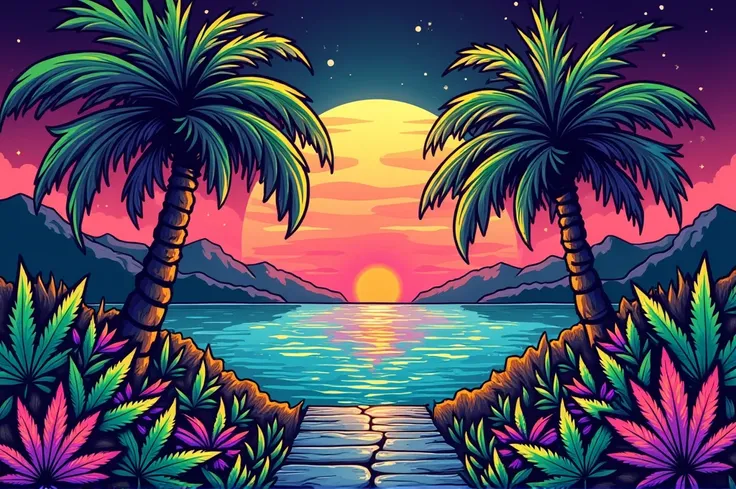  cannabis palm tree game weed art which reads 'The Grove Patong" 420 artwork, retro psychedelic weed illustration, liquid, psychedelic artwork, in illustration style digital, extremely high quality artwork, estilo de arte impressionante, arte do Adobe Illu...