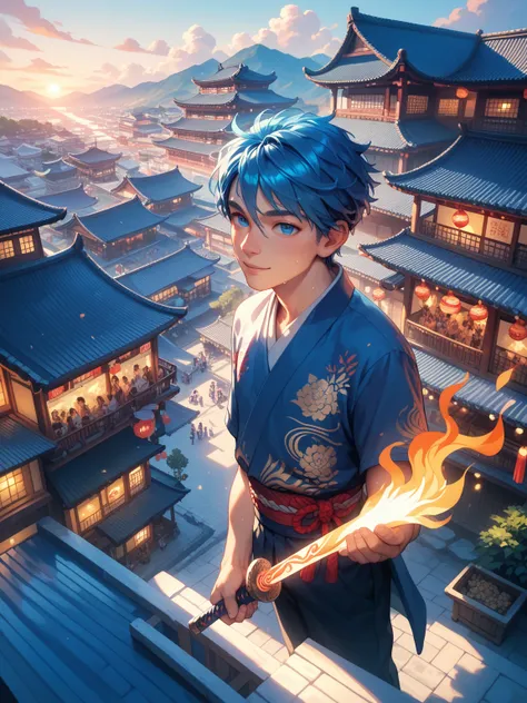 masterpiece, best quality, silly, latest, grown man, blue hair, long, beautiful, cold, calm, scene standing on the roof holding a long flaming sword, japanese festival, urban, left eye with dragon mark, view from above, evening, bustling