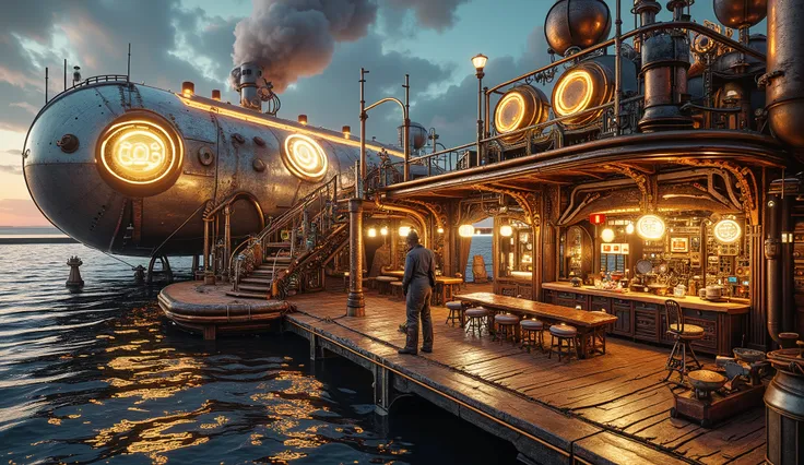 A steampunk airship harbor dominated by shimmering gold and silver tones. Large airships with glowing gas balloons are docked at the harbor, surrounded by swirling steam effects. Intricate brass gears and copper pipes decorate the harbor, while glowing neo...