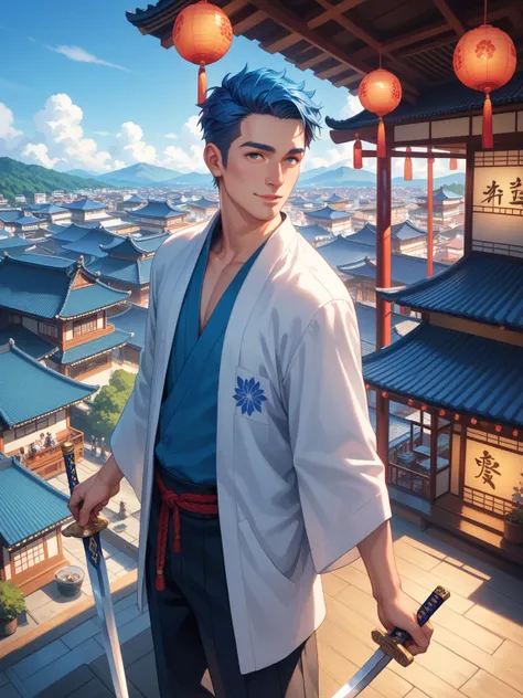 masterpiece, best quality, silly, newest, mature man, blue hair, long, beautiful, cool, calm, scene standing on the roof holding a long sword, japanese festival, urban, left eye with dragon mark, view from above, evening, bustling, nija clothes