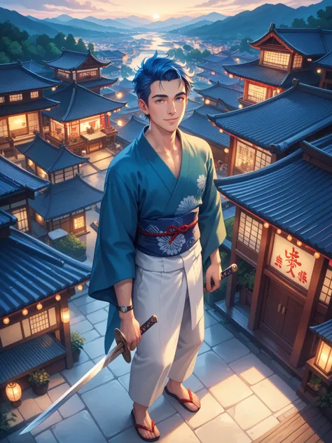 masterpiece, best quality, silly, newest, mature man, blue hair, long, beautiful, cool, calm, scene standing on the roof holding a long sword, japanese festival, urban, left eye with dragon mark, view from above, evening, bustling, nija clothes