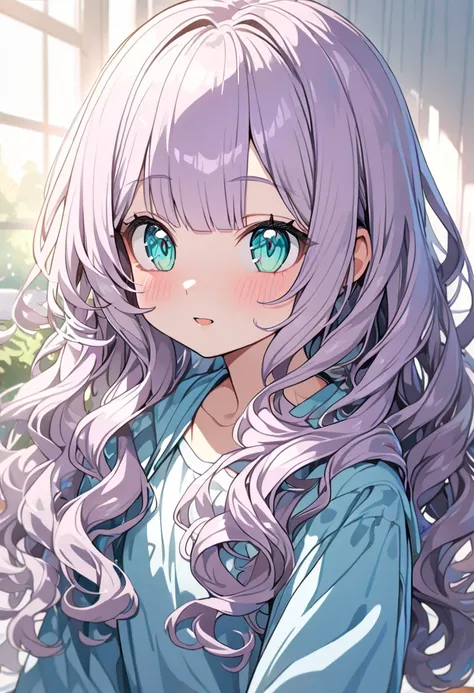 ( cute girl;1.5), anime style,8k, super detailed, masterpiece,

(The girl has half-length wavy hair, Light purple wavy bangs ,   Aqua Eyes:1.3)

 