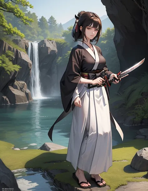 1lady standing, (pulling Japanese sword from sheath on waist), (white kimono) (black hakama), mature female, /(dark brown hair/) bangs, cool expression, (light smile:0.5), dignified, (masterpiece best quality:1.2) delicate illustration ultra-detailed, medi...