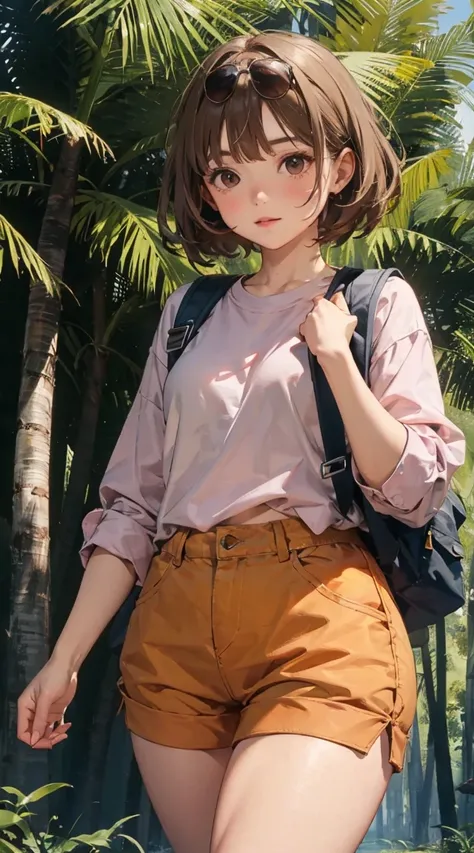 1girl light brown hair thick thighs pink shirt orange shorts light purple backpack jungle background