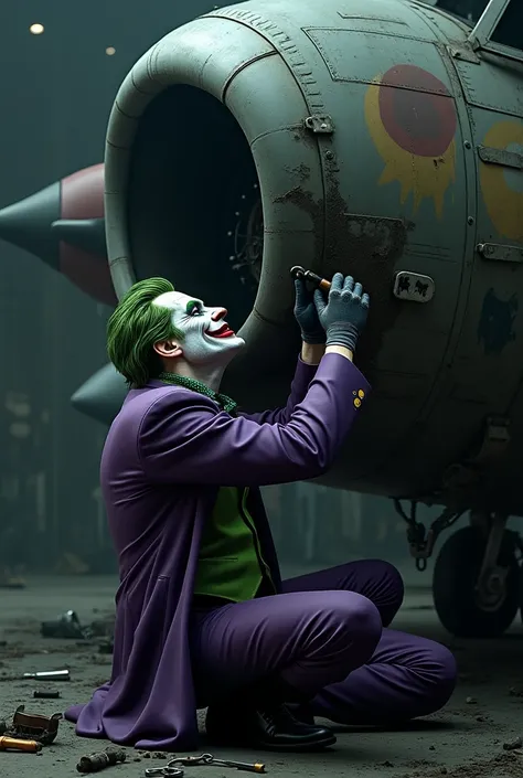 The Joker is repairing a plane