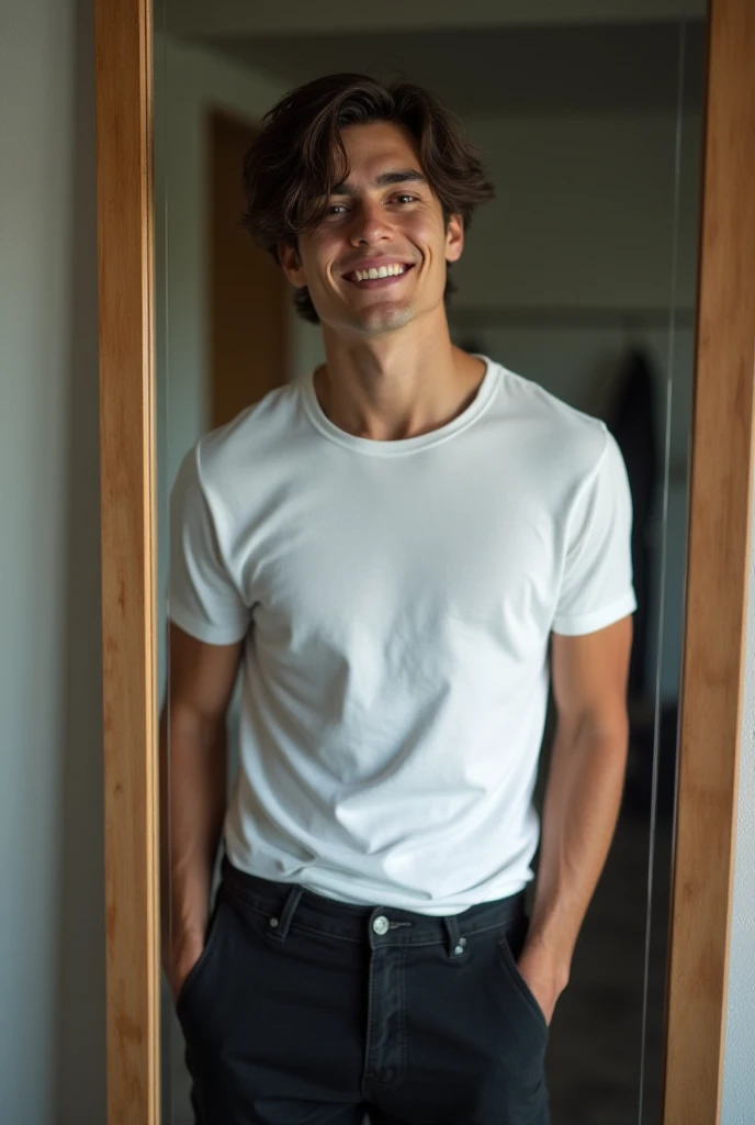 Create me a man very hot man , 20 old , with black jeans and white t shirts , he smile , photo in mirror