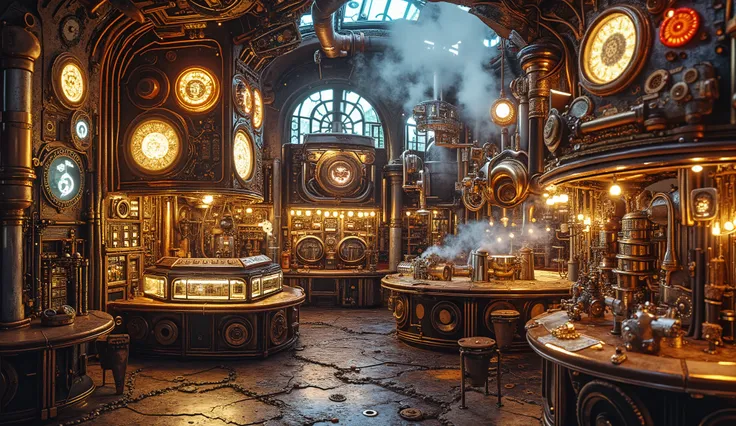 A steampunk laboratory filled with intricate brass gears, copper pipes, and glowing energy cores in gold and silver tones. Swirling steam effects fill the air, creating an atmospheric and futuristic environment. Glowing neon lights illuminate the area, enh...