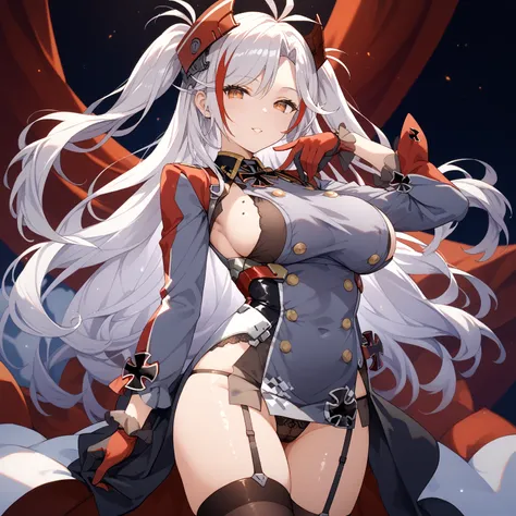 prinz eugen, prinz eugen (azur lane), white hair, long hair, orange eyes, two side up, large breasts, mole, mole on breast, streaked hair, parted bangs, antenna hair, armpit cutout, black gloves, black panties, black thighhighs, buttons, clothing cutout, d...