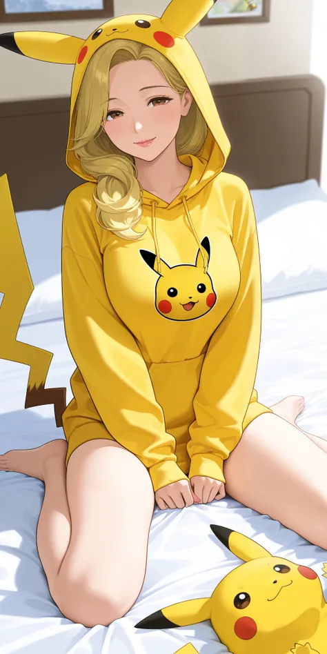 mature female, housewife, blonde hair, pikachucosplay, pikachu \(pikachu\), character print, hood, hoodie, yellow hoodie, milf, soft light, high detailed, best quality, on bed, wariza, w sitting 