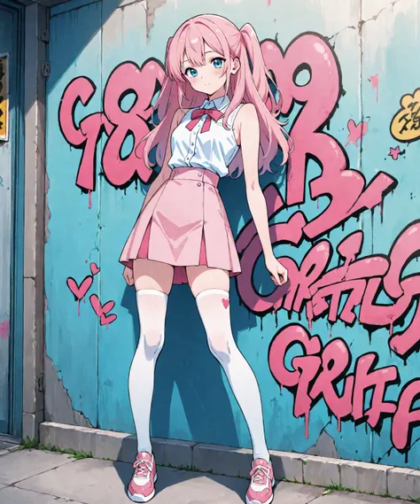 very beautiful & cute anime girl with long pink hair & blue eyes, wearing a pink skirt & a white sleeveless seifuku shirt, white knee-high socks, standing in front of a graffiti wall, 1girl, solo