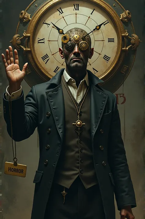 A man surrounded by a clock and has a Medieval-style clockwork instead of his face, his left hand is raised and a horror sign hanging on him