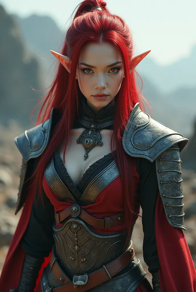 Upper body shot, Japanese woman, pointed elf ears, white skin, blood red hair, closed mouth, ancient elven metal armor, combat pose, dynamic pose, complex fantasy character, NSFW, cinematic lighting, fantasy, magic, detailed background, on a ravaged battle...