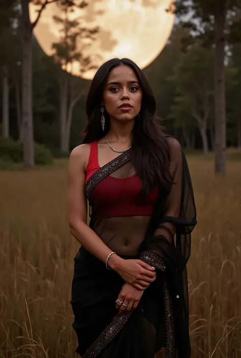 Generate a sharp, photorealistic photo of Jenna Ortega embodying the theme of a "Sexy-Hot-Desi Girl" with a confident pose. Set the scene outdoors in a natural woodland environment, surrounded by tall grasses and dense trees, creating a serene and mystical...