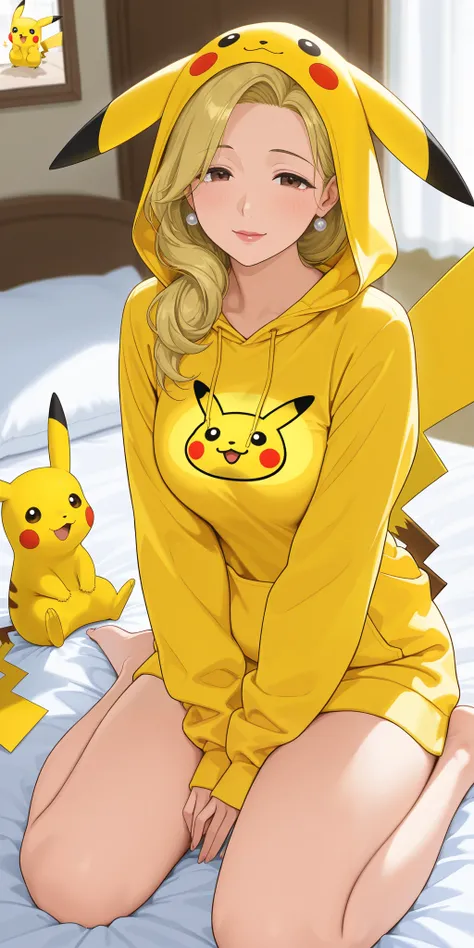 mature female, housewife, blonde hair, pikachucosplay, pikachu \(pikachu\), character print, hood, hoodie, yellow hoodie, milf, soft light, high detailed, best quality, on bed, wariza, w sitting 