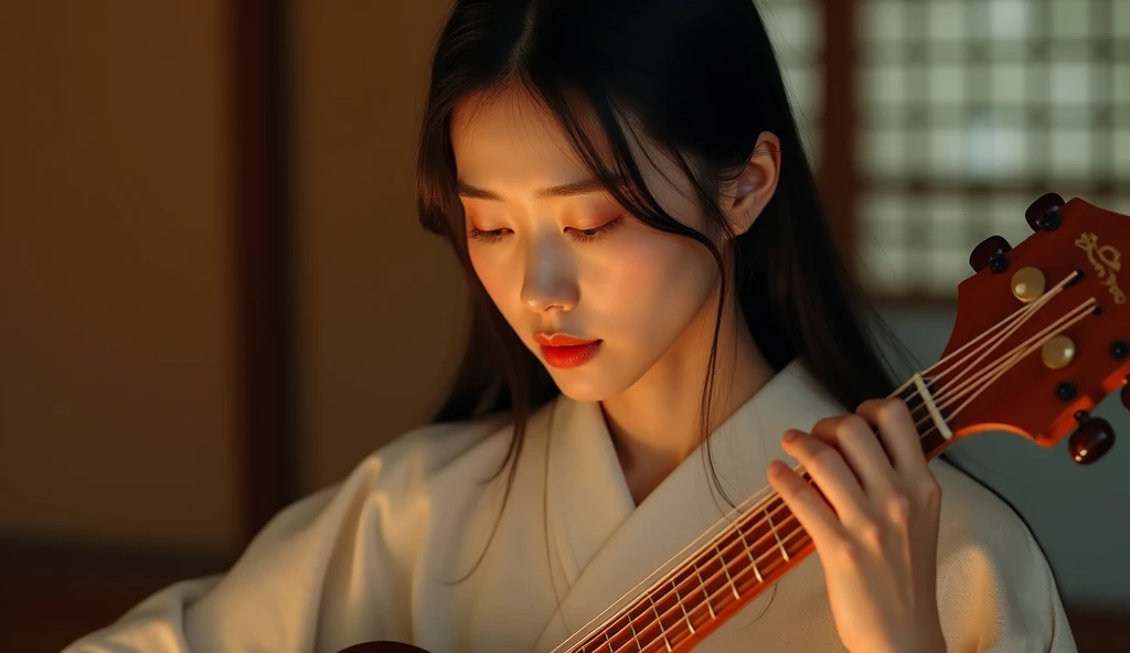 "RAW Photo, DSLR, 8K, close-up of a beautiful 25-year-old woman with delicate features, long black hair styled elegantly, wearing a traditional Japanese outfit, playing a shamisen, soft warm lighting highlighting her focused expression, hands gracefully pl...