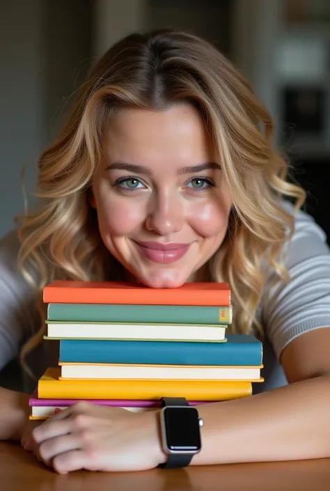 A young woman, 27 years old, with a curvy body weighing 90 kg and medium-length, light, wavy hair, is lying on a table, holding a stack of brightly colored books. She is wearing a smartwatch with a black strap on her wrist. The background is blurred, creat...