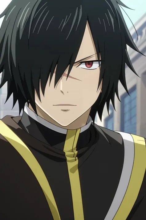 score_9, score_8_up, score_7_up, official art style, intricate details, anime screencap, depth of field, 1boy, solo, male focus, rogue_cheney, black hair, red eyes, , hair over one eye, scar, close-up, a dark and elegant outfit, consisting of a long black ...