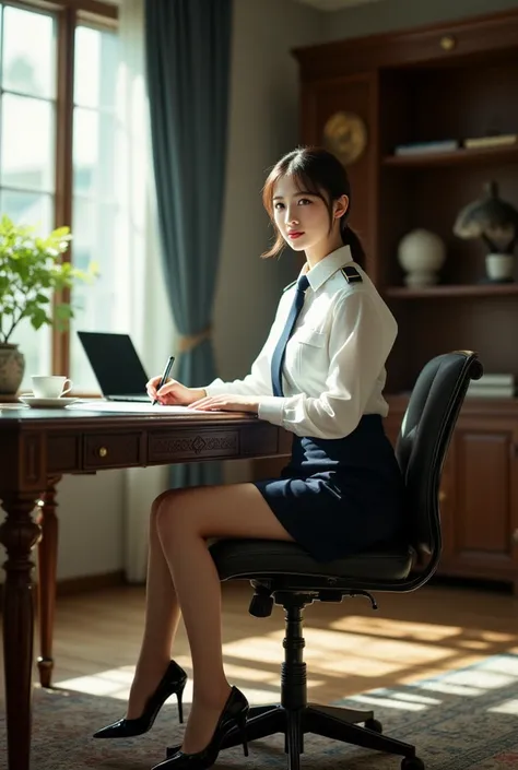 Sexy beautiful Japanese woman, a self defense officer uniform, wearing a white long-sleeved shirts, navy blue tie, navy blue pencil skirt, Black patent high heels, beautiful hip-line, Beautiful thighs, the woman wearing glasses, The woman is sitting in a c...