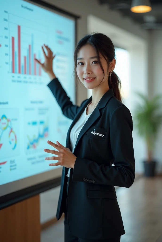 create an asian office girl with "ROM Dynamics" logo suit and that logo must have on her left upper bosom  and she standing infront of projector and explains her projects with gesture