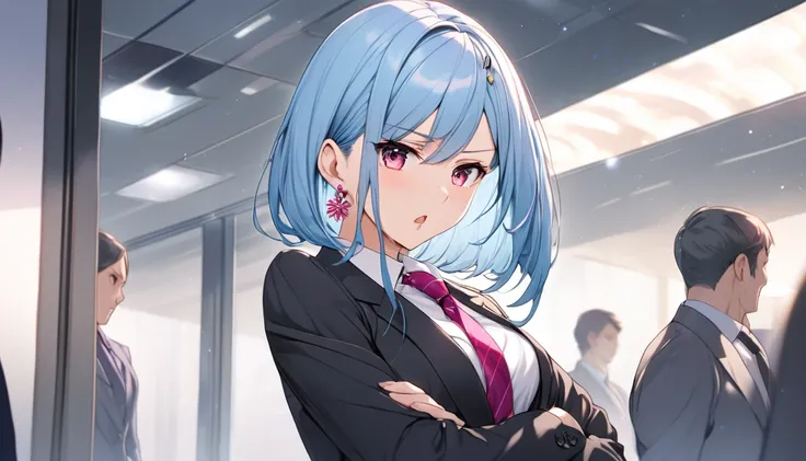 A high-quality anime-style close-up illustration of a young businesswoman named Rena Minase, expressing visible frustration and annoyance. Her vibrant blue hair, styled in a sleek short bob, frames her face, with her signature pink hairpin firmly in place....