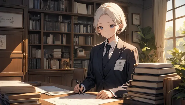  the school manager is sitting in the chairman's office 。 The room is elegant and tidy 、Large wooden desk、Bookshelves lined with academic books 、 the wall is decorated with a framed certificate 。 the operator is wearing a formal suit 、 and has a thoughtful...