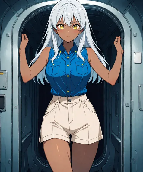 Brown skin beautiful sexy anime girl with long silver hair & yellow eyes, wearing blue sleeveless button up collared shirt & beige khaki shorts, inside of a dark futuristic military corridor, 1girl, solo