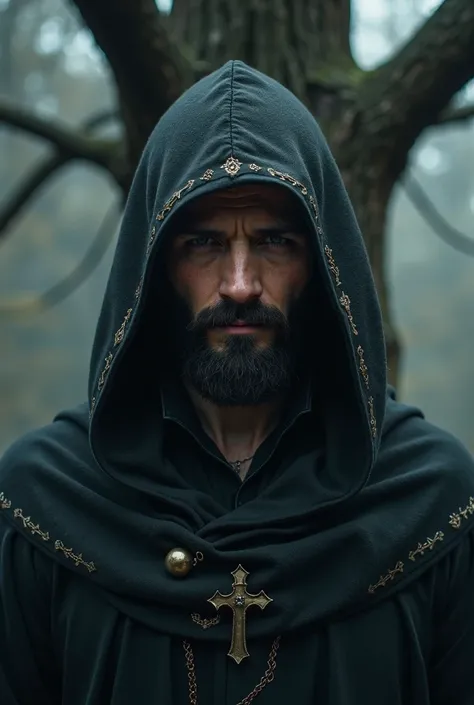 Mysterious-looking young man with black beard wearing a medieval hood with a tree in the background