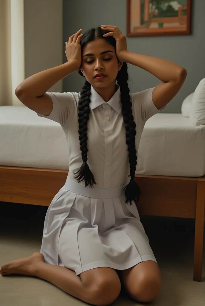 beautiful cute srilankan Sinhalese obedient maid girl waiting for master. she must have done something bad, she feels humiliated and waits to be punished by her master. in barefoot, medium breast size , 20 years old, should wear wet transparent white skimp...