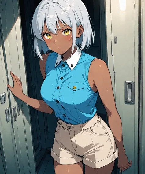 Brown skin beautiful sexy anime girl with long silver hair & yellow eyes, wearing blue sleeveless button up collared shirt & beige khaki shorts, inside of a dark futuristic military corridor, 1girl, solo