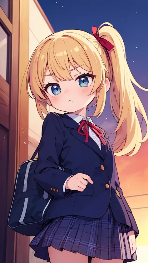 "A high school girl with medium-length blonde hair tied in a side ponytail with a red ribbon, wearing a typical Japanese school uniform with a navy blazer and plaid skirt. Her cheeks are flushed, and she crosses her arms with a classic tsundere pout, looki...