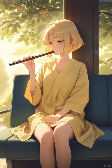 masterpiece, bright light, best quality, 8k) a guy, cool, calm, yellow clothes, blond hair, sitting in the corner of an apricot tree gently playing the flute, in the evening,