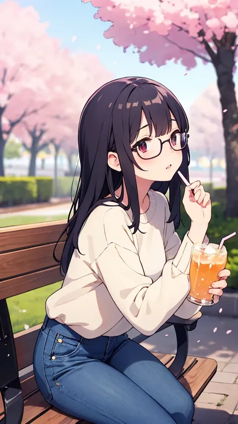 "A cold yet secretly shy girl with long, straight black hair and glasses, wearing a casual oversized sweater and jeans. She sits on a park bench, holding a drink with both hands, her face slightly red as she avoids eye contact. Soft cherry blossom petals f...