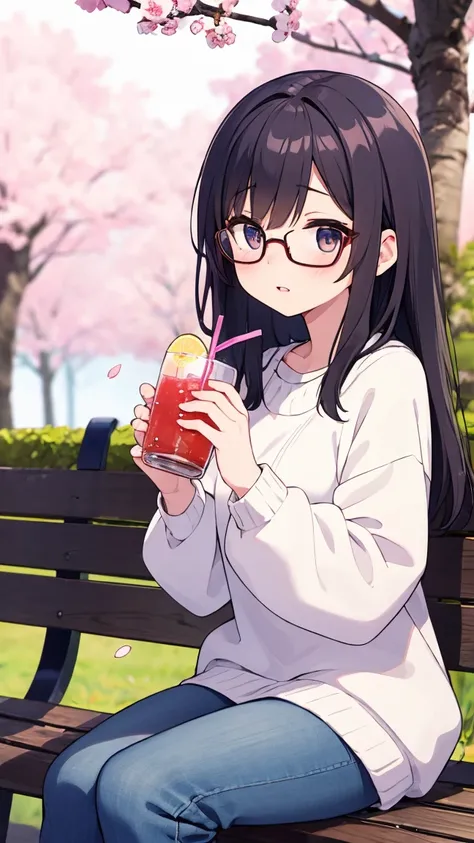 "A cold yet secretly shy girl with long, straight black hair and glasses, wearing a casual oversized sweater and jeans. She sits on a park bench, holding a drink with both hands, her face slightly red as she avoids eye contact. Soft cherry blossom petals f...