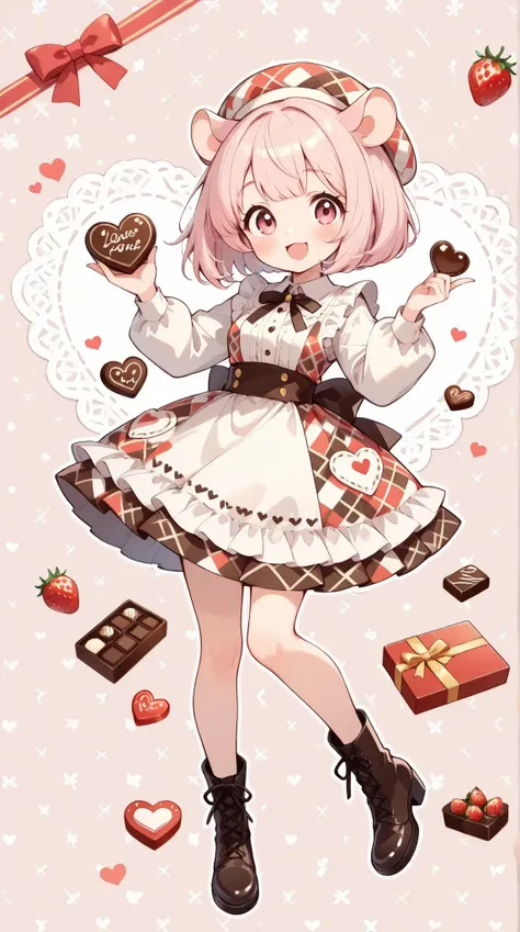 cute Illustration,Valentine,(Hamuko-chan ,hamster girl,((light pink hair : bob cut hair:1.3),Scandinavian pattern clothes and hats,hamster ears),dynamic pose,((hamster:1.3)There is a hamster beside her:Sup er cute hamster:hamster anatomically correct),choc...