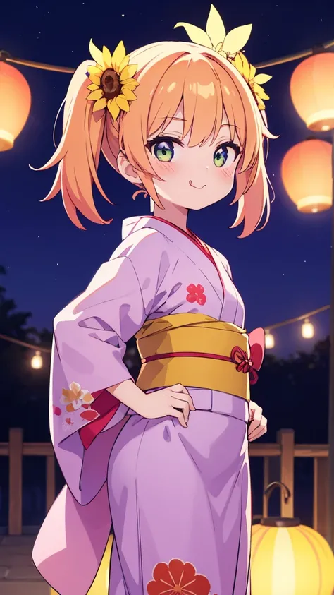 "A cheerful and slightly bratty hood friend with twin-tails and bright amber eyes, wearing a colorful yukata with a sunflower pattern. She stands with her hands on her hips, cheeks puffed in a pout as she says, '早く行くわよ、置いてくから！'. Behind her, the summer fest...