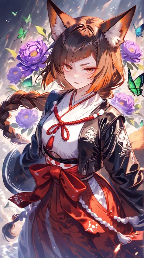 (( top quality)), (( Masterpiece)), ( Details) one woman, Fox ear with black root,The tail of a fox with a black root, very long single braid hair, diagonal bangs, diagonal bangs,  dark orange hair, evil smiling, brown eyes,  Sanpaku, jitome, freckled skin...