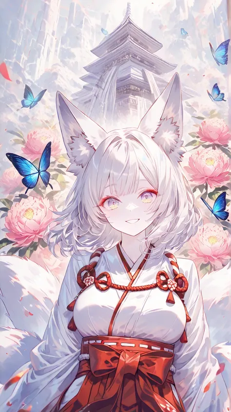 (( top quality)), (( Masterpiece)), ( Details) fox ears,The coat of platinum,10 tails,lady, medium hair, red eyeliner, with irises eyes, wide-eyed, eyes half-closed, looking at viewer, athletic, pale skin, orange shrine maiden costume, Red Hakama, towering...