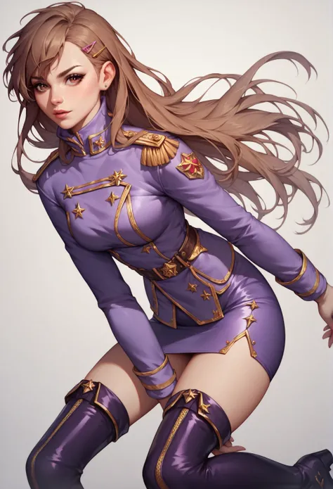 (Masterpiece:1.1),1girl,long brown hair, straight hair, side hair clip, brown eyes, confident expression,break,military uniform, white and purple outfit,high collar, gold accents, sleek mini pencil skirt, boots,