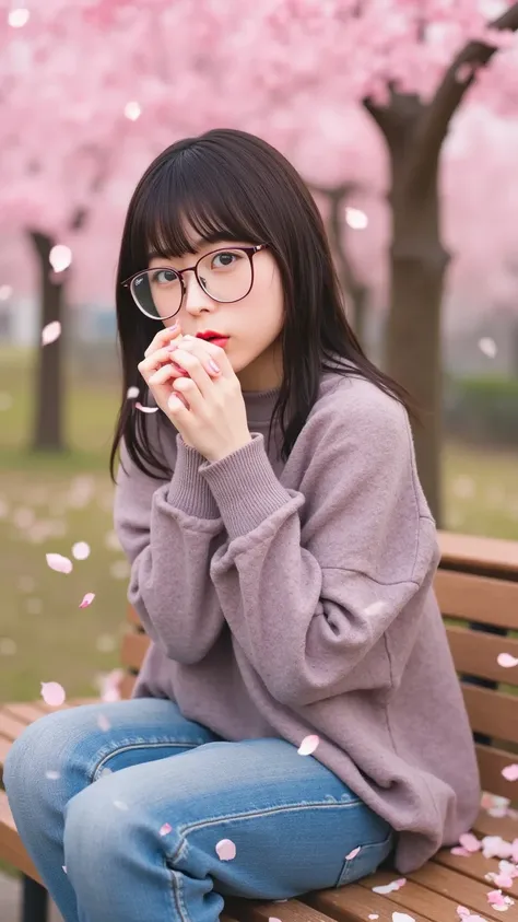 "A cold yet secretly shy girl with long, straight black hair and glasses, wearing a casual oversized sweater and jeans. She sits on a park bench, holding a drink with both hands, her face slightly red as she avoids eye contact. Soft cherry blossom petals f...