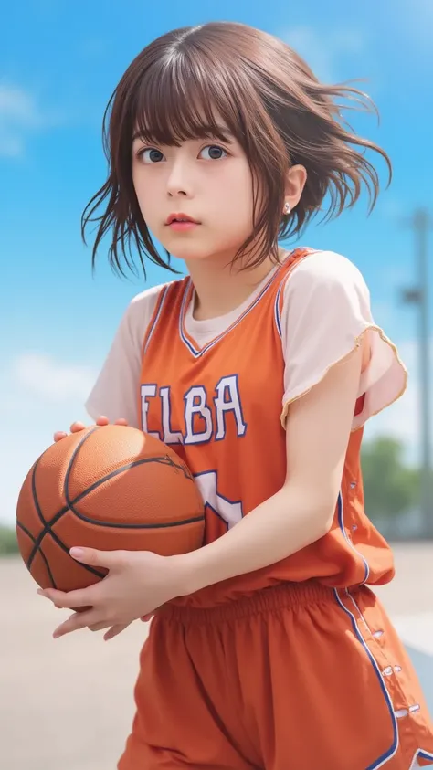 "A sporty high school girl with short, messy brown hair, wearing a basketball jersey and shorts, holding a basketball under one arm. Her face is flushed with slight embarrassment as she looks sideways, saying 'べ、別にあんたのためじゃないからね！'. Sweat glistens on her ski...