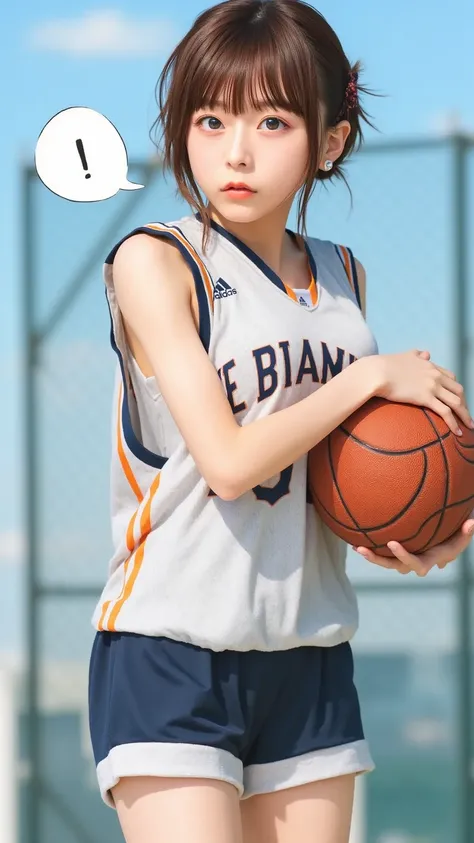 "A sporty high school girl with short, messy brown hair, wearing a basketball jersey and shorts, holding a basketball under one arm. Her face is flushed with slight embarrassment as she looks sideways, saying 'べ、別にあんたのためじゃないからね！'. Sweat glistens on her ski...