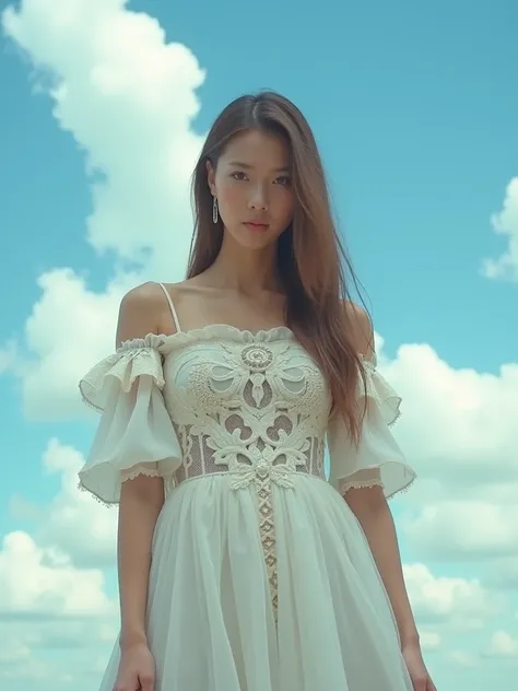 upper body, In the image, a model is captured mid-pose against a backdrop of a clear blue sky dotted with fluffy white clouds. The model is adorned in an elegant, off-the-shoulder dress that features intricate lace detailing and puff sleeves. Thin white un...