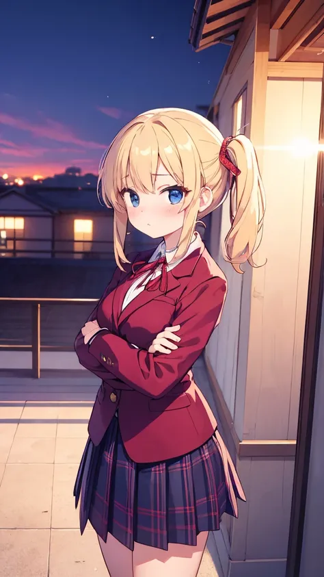 "A high school girl with medium-length blonde hair tied in a side ponytail with a red ribbon, wearing a typical Japanese school uniform with a navy blazer and plaid skirt. Her cheeks are flushed, and she crosses her arms with a classic tsundere pout, looki...