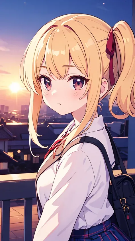 "A high school girl with medium-length blonde hair tied in a side ponytail with a red ribbon, wearing a typical Japanese school uniform with a navy blazer and plaid skirt. Her cheeks are flushed, and she crosses her arms with a classic tsundere pout, looki...