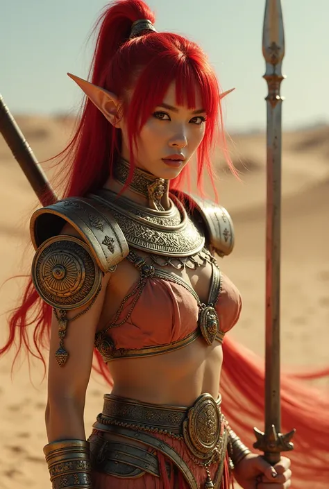 Upper body shot, Japanese woman, pointed elf ears, white skin, blood red hair, closed mouth, ancient Egyptian armor, combat pose, dynamic pose, complex fantasy character, NSFW, cinematic lighting, fantasy, magic, detailed background, on a desert battlefiel...