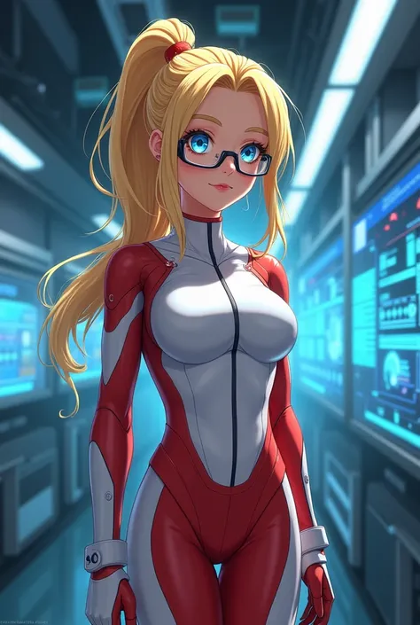 "4K anime style quality, digital drawing mode, a brilliant and kind-hearted scientist with long blonde hair tied in a high ponytail, bright blue eyes filled with determination, with eye glasses, wearing a stylish red and white bodysuit, standing in a futur...