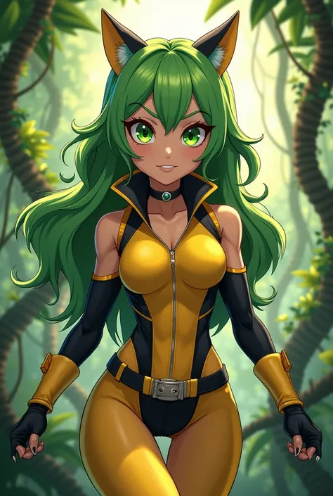 "4K anime style quality, digital drawing mode, an energetic and playful pro hero with long green hair, big bright green eyes, wearing a yellow and black outfit, standing in a dense jungle with vines and trees around her, full body, agile and mischievous st...